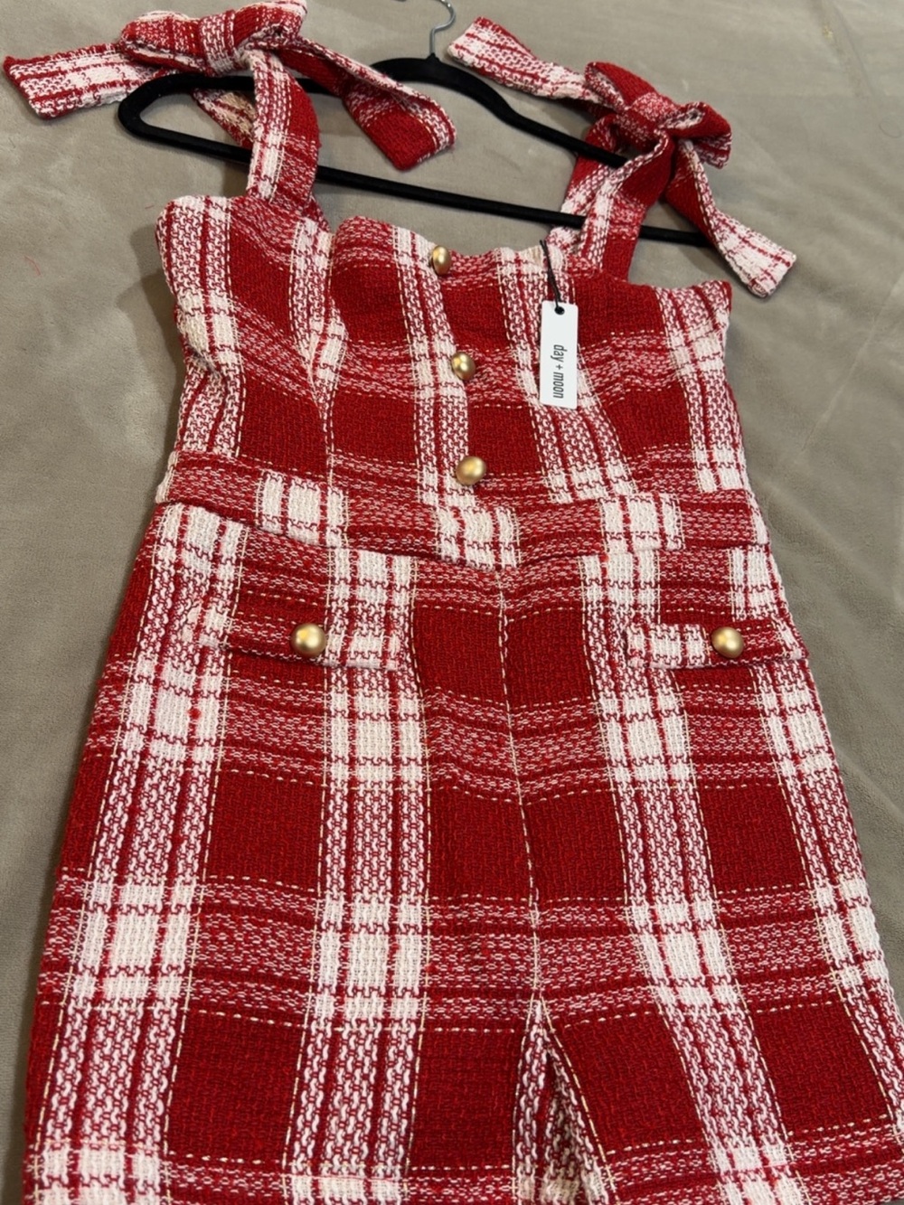 Red Plaid Knit women’s boutique Romper with Tie Straps